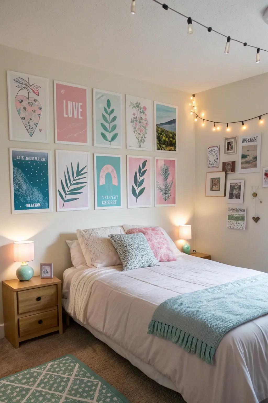 Posters in pastel shades, adding a sense of calm to a bedroom.