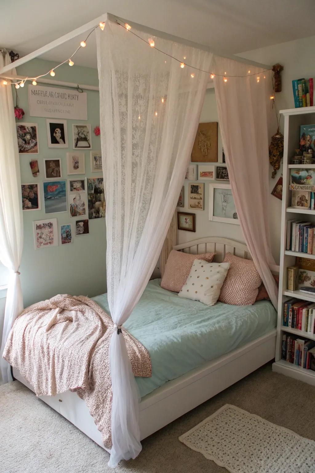 A peaceful teen bedroom with a draped bed.