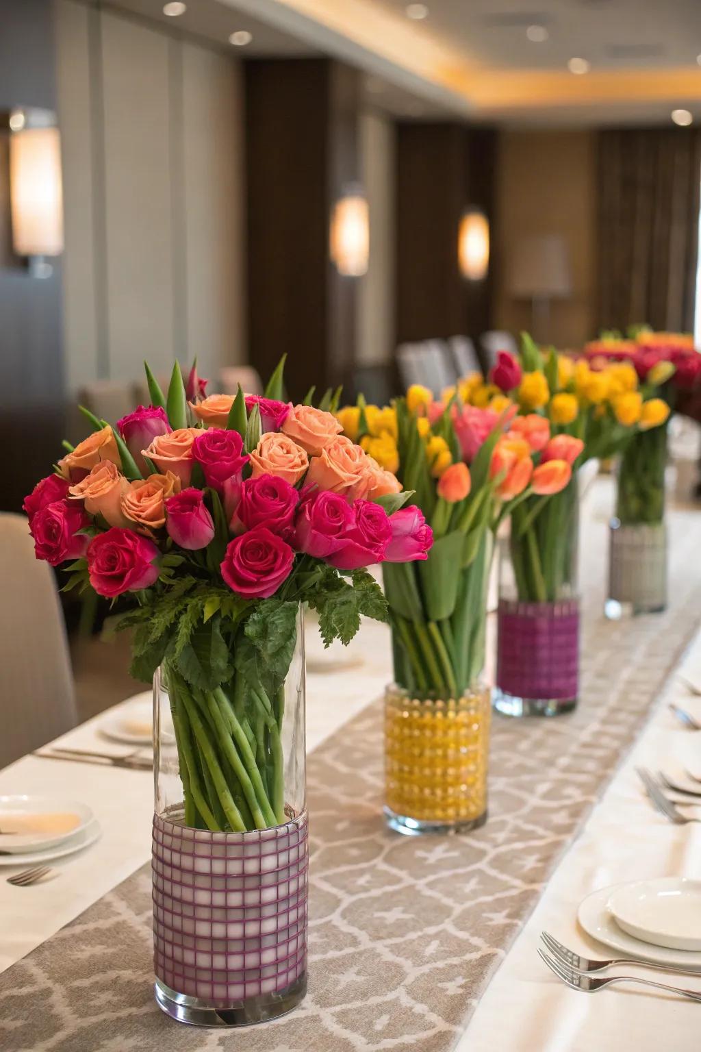 Fresh flowers add color and fragrance to your arrangement.