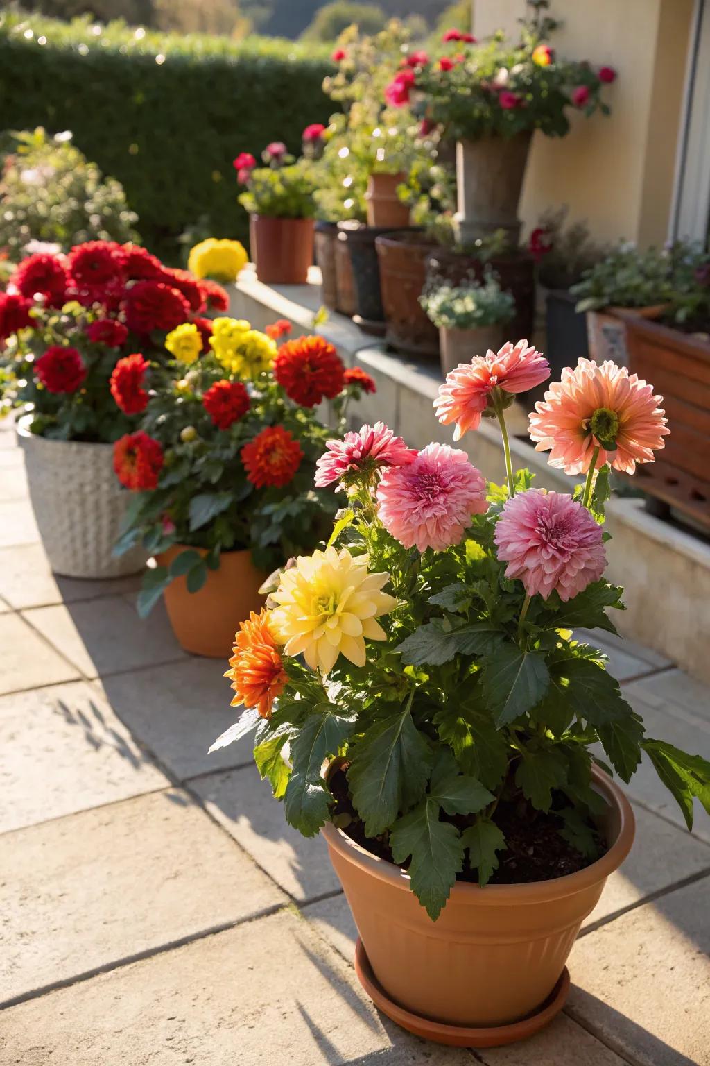 Dahlias prospering in chic containers upon a terrace.