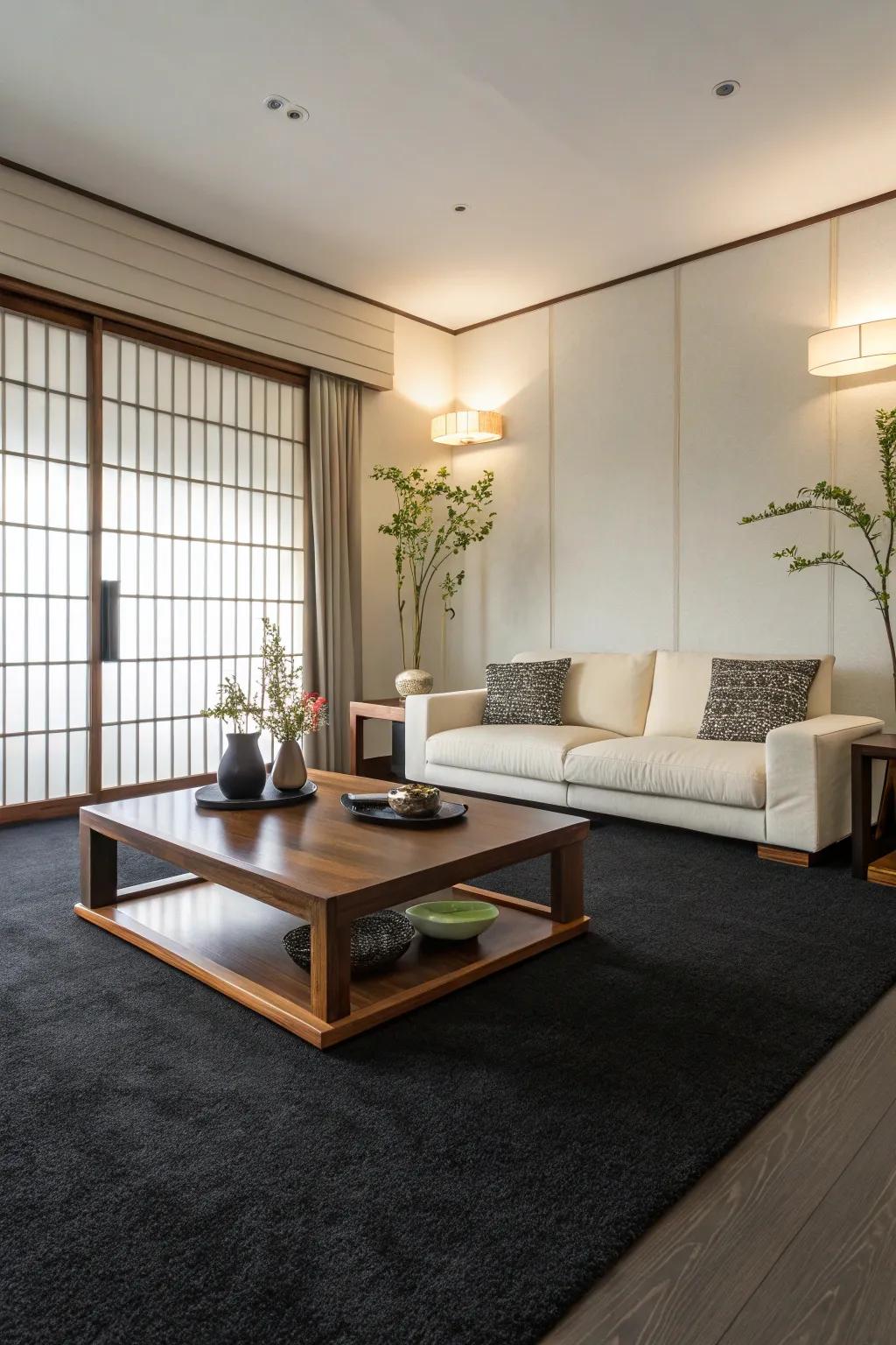 Simple design that features a dark floor covering as a key element.