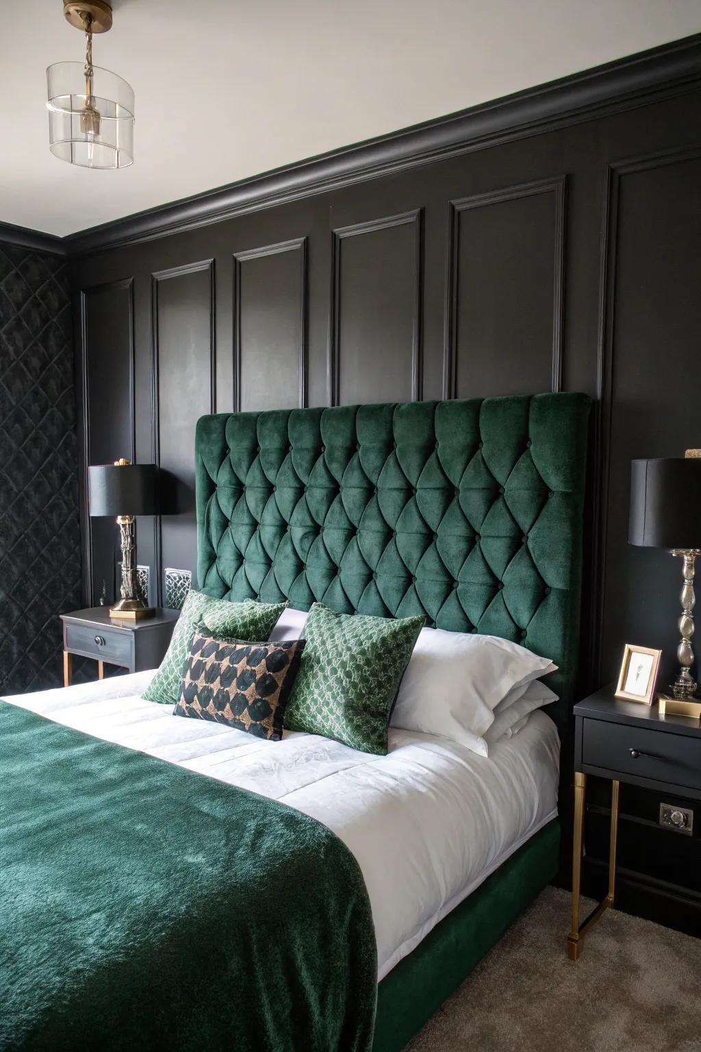 Sumptuous dark green velvet fabrics pop against matte black walls.