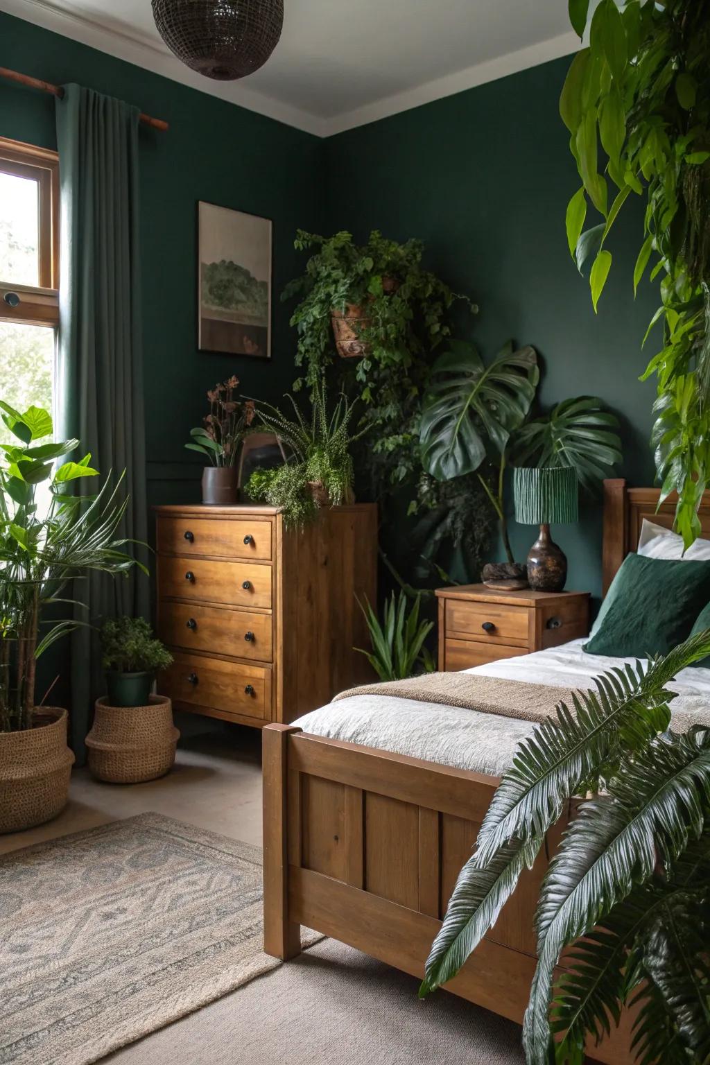 A dark green bedroom decorated with wooden furniture and vibrant houseplants.