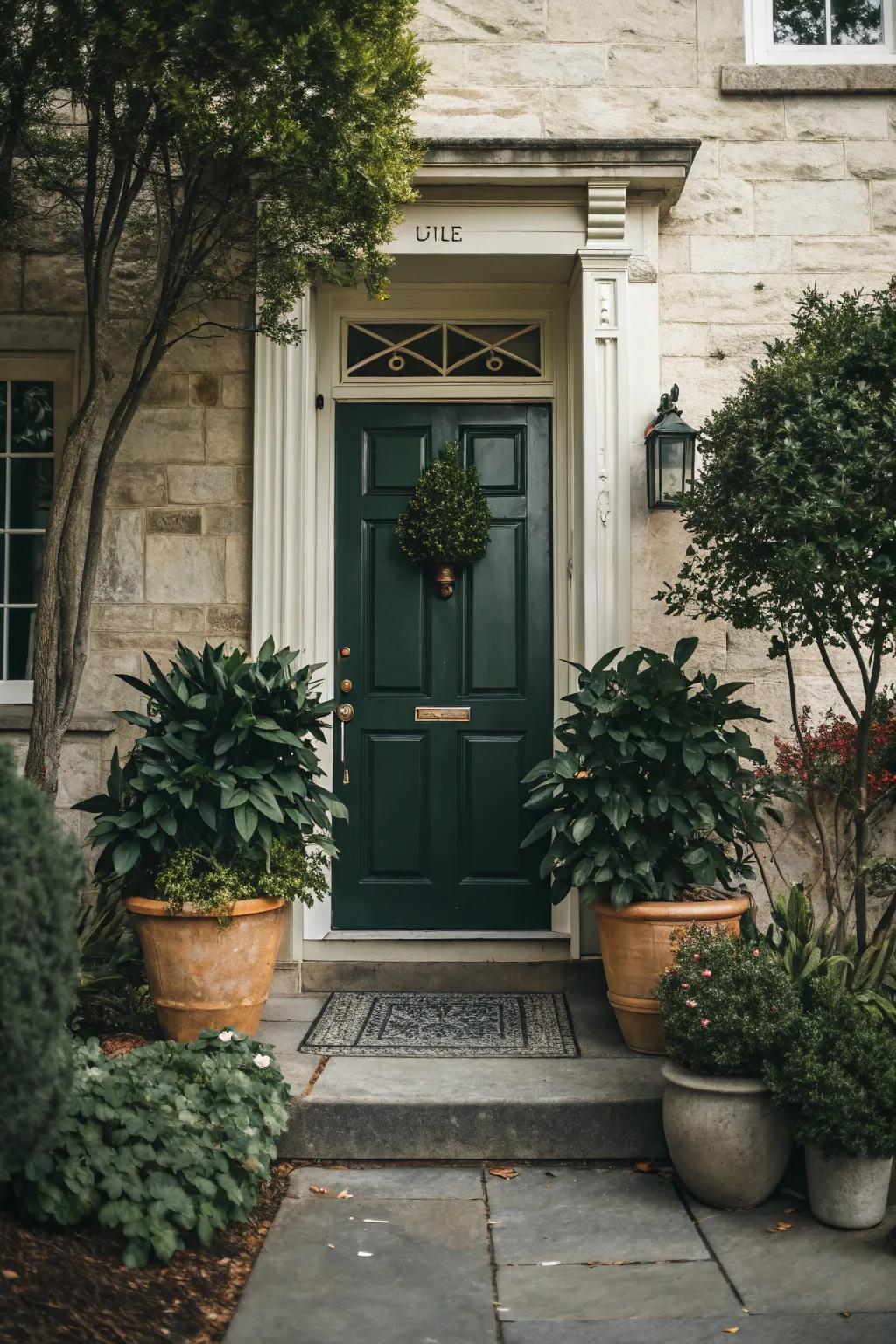 Balanced greenery enhances the inviting feel of the entrance.
