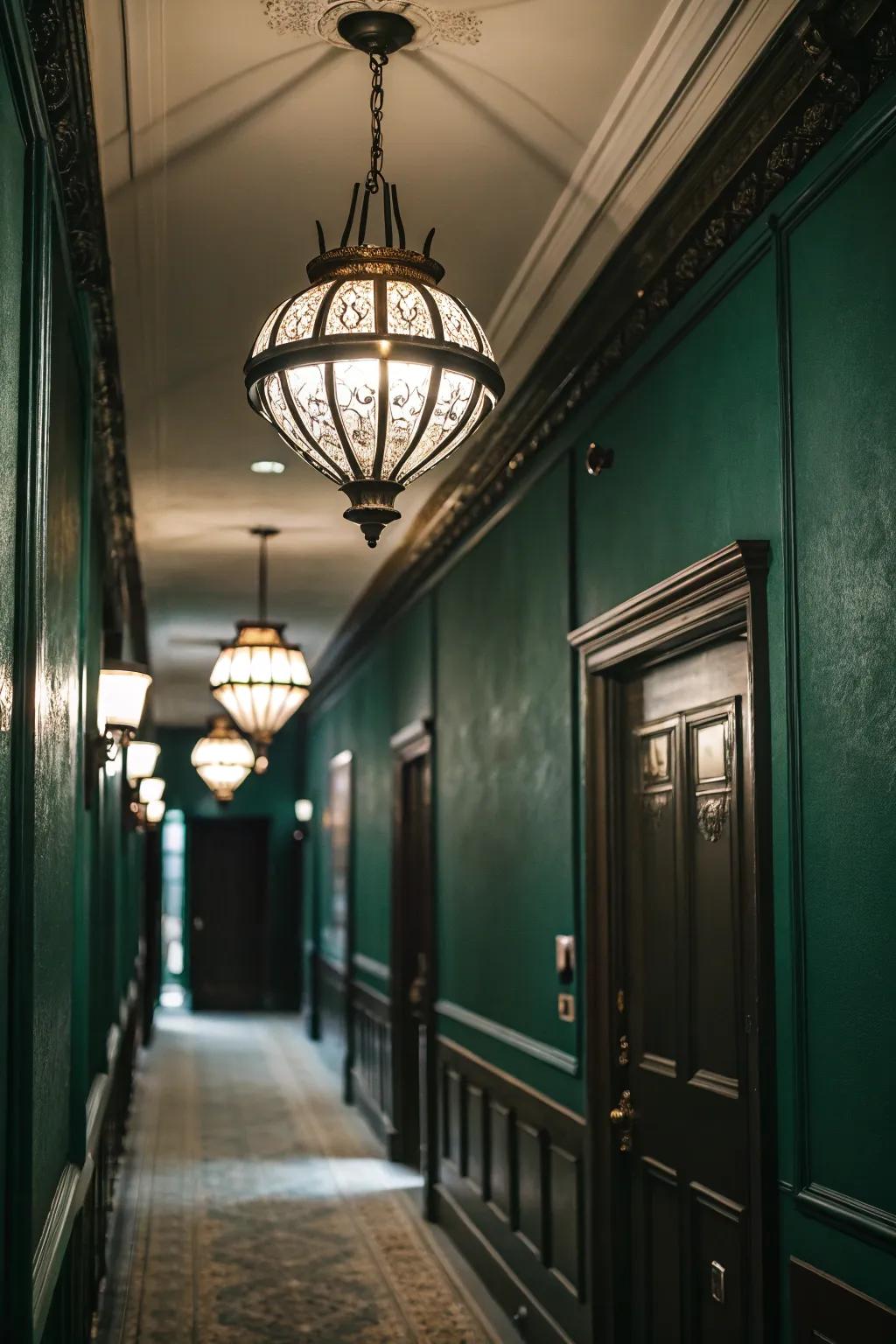 Hanging lights introduce style to this deep green hallway.