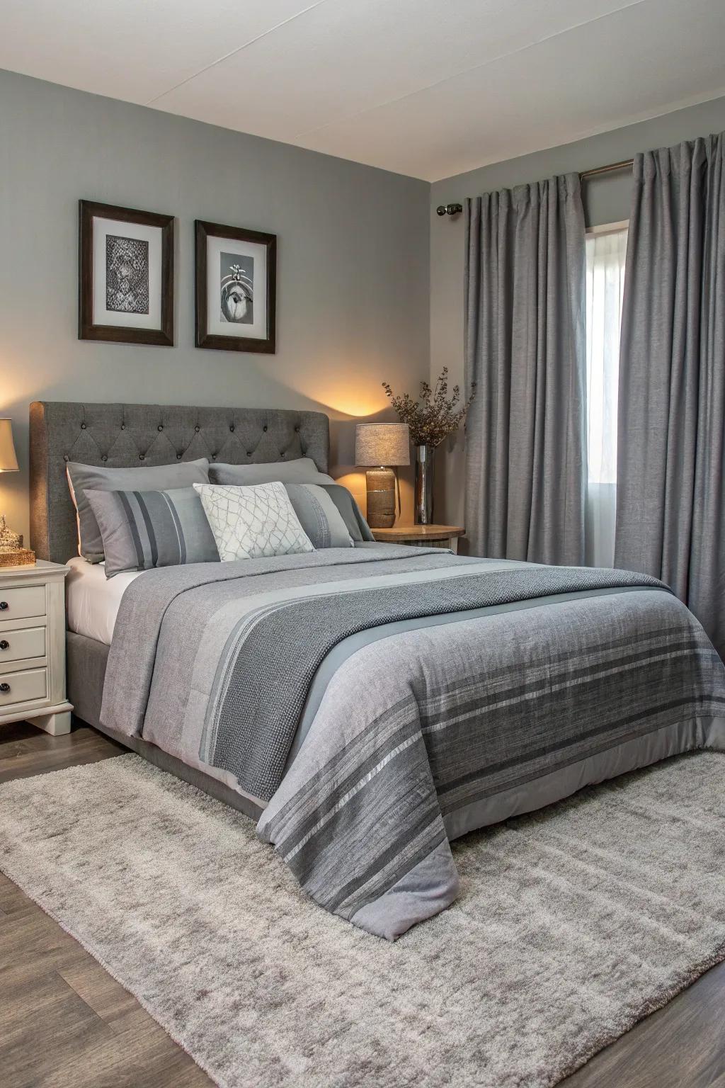 Gray tones layered monochromatically add depth and sophistication.