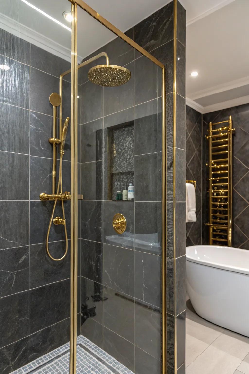 Glossy tiles and gold fixtures bring a luxurious touch to this bathroom.