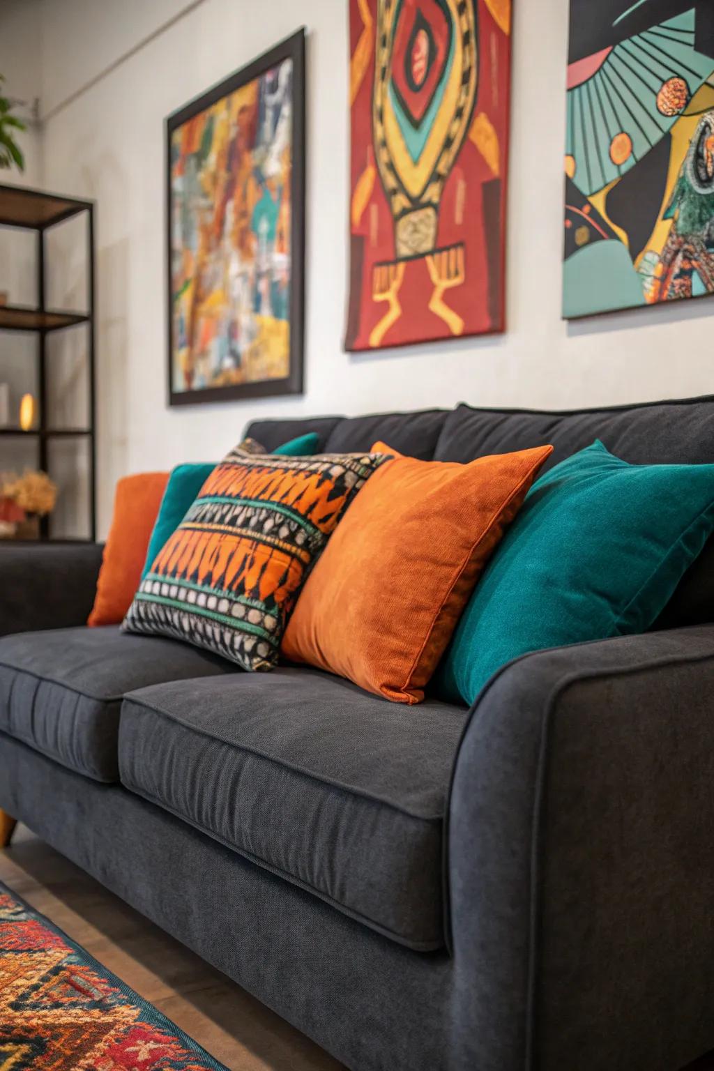 Splashes of color infuse vitality and individuality into a dark grey couch setting.