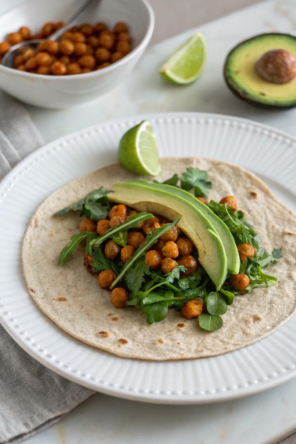 A smooth and crunchy chickpea and avocado wrap.