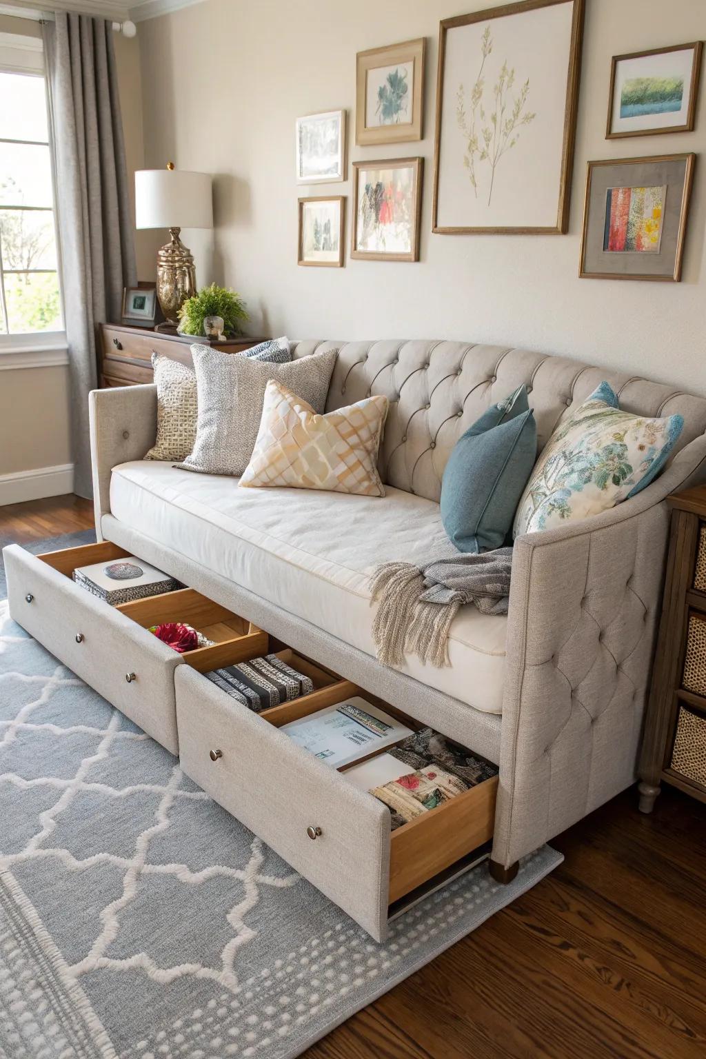A daybed featuring storage drawers, ideal for maintaining a tidy and clutter-free space.