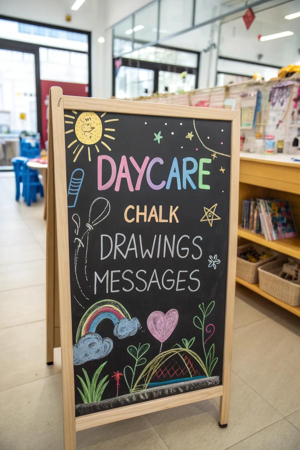 A delightful chalkboard sign at a daycare showcases vivid drawings and customized messages.