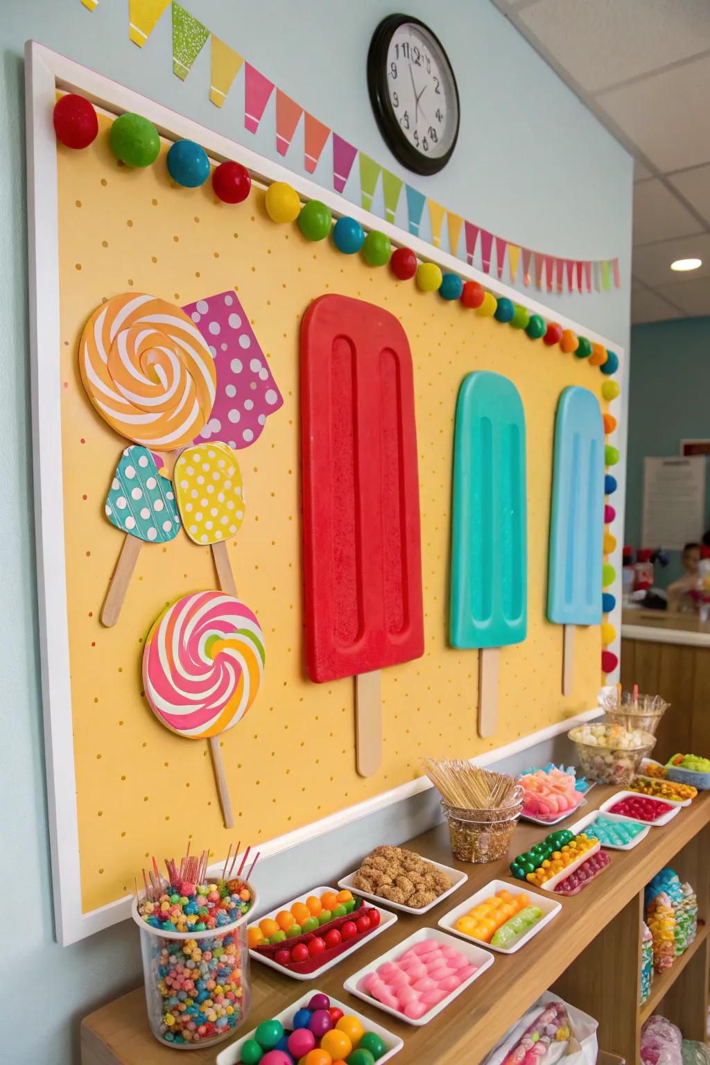 Yummy Summer Sweets bulletin board featuring colorful ornaments.