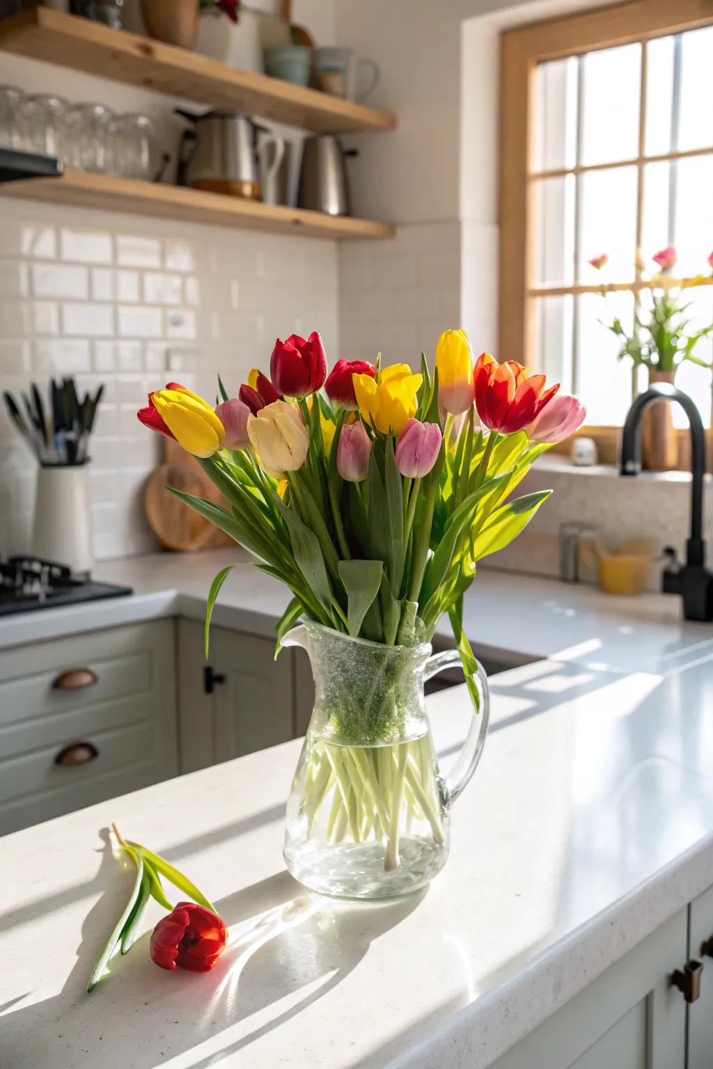 Glass vessel repurposed as a vase for vibrant lilies.