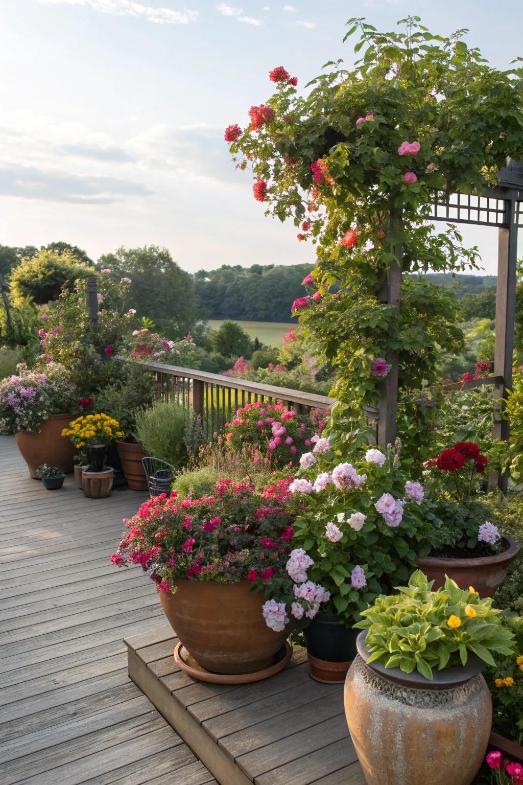 Add vibrancy with diverse potted plants and flowers.