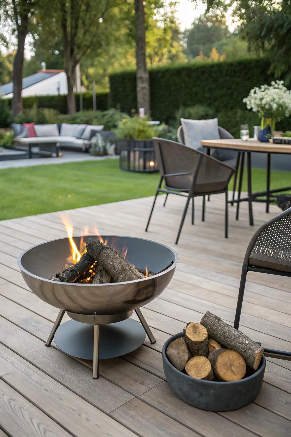 A metal fire pit lending a modern touch to your deck, ideal for contemporary outdoor spaces.
