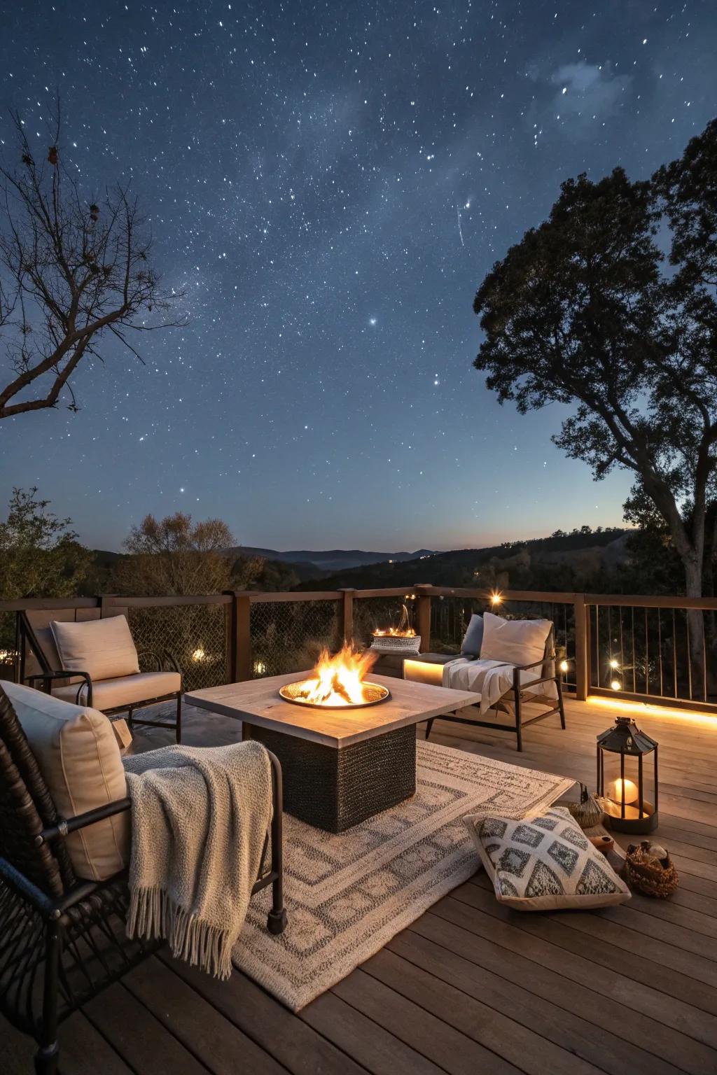 A flaming hearth table acts as a warm, welcoming point of focus for your deck.