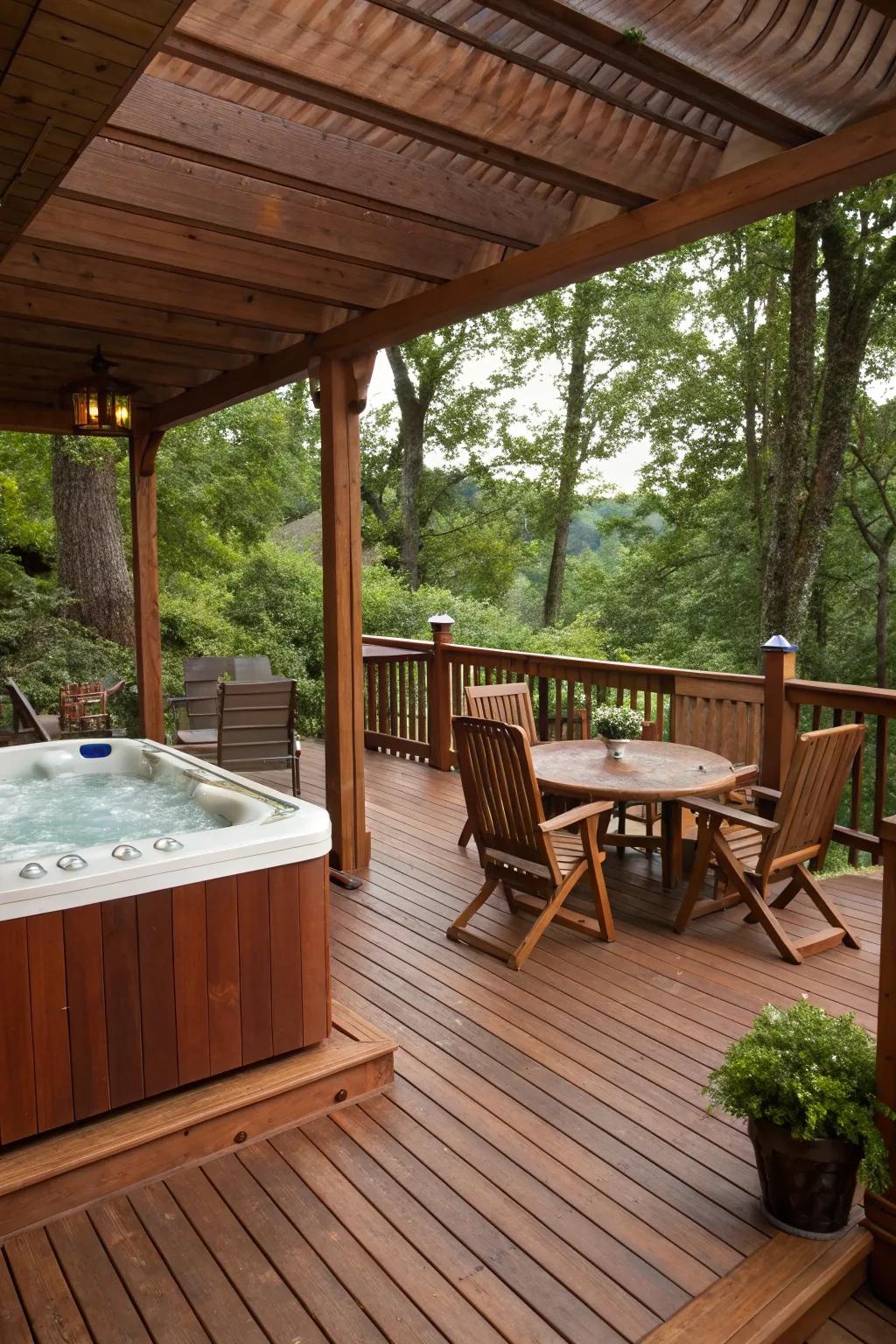 An inviting deck with comfortable timber features around the hot tub.