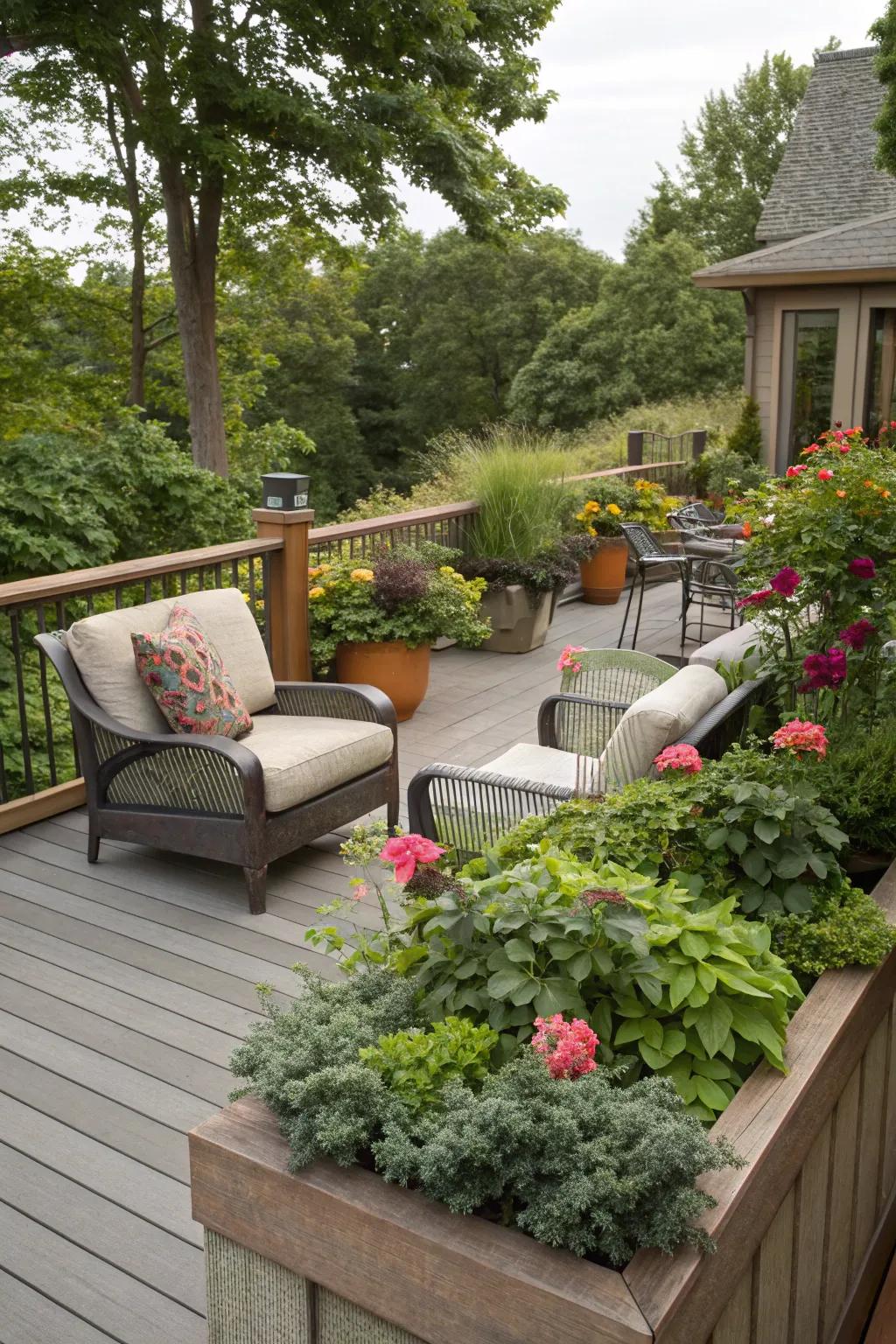 Integrate seating with plants for a calming, harmonious space.