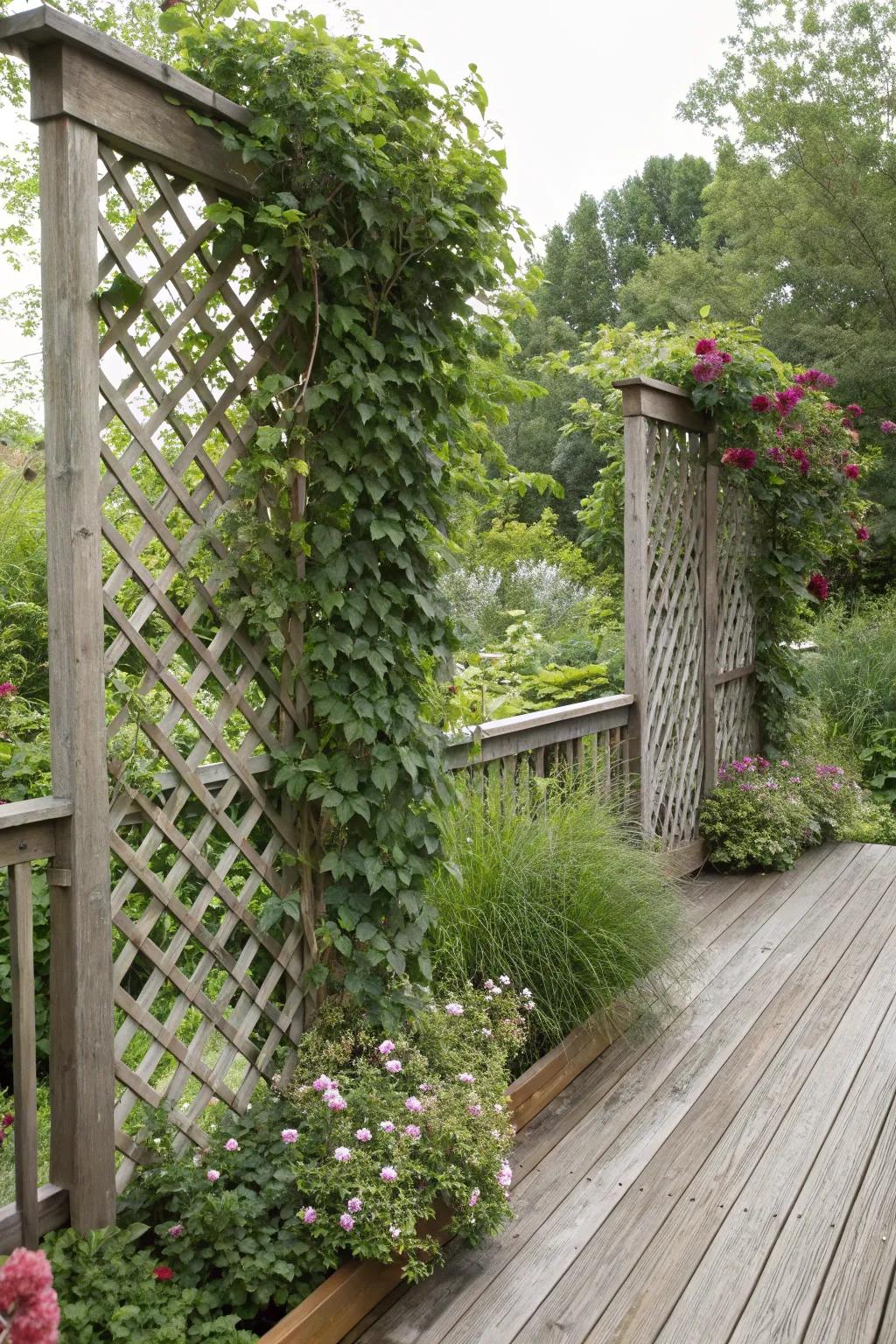 Trellis boards covered in vibrant climbing plants.