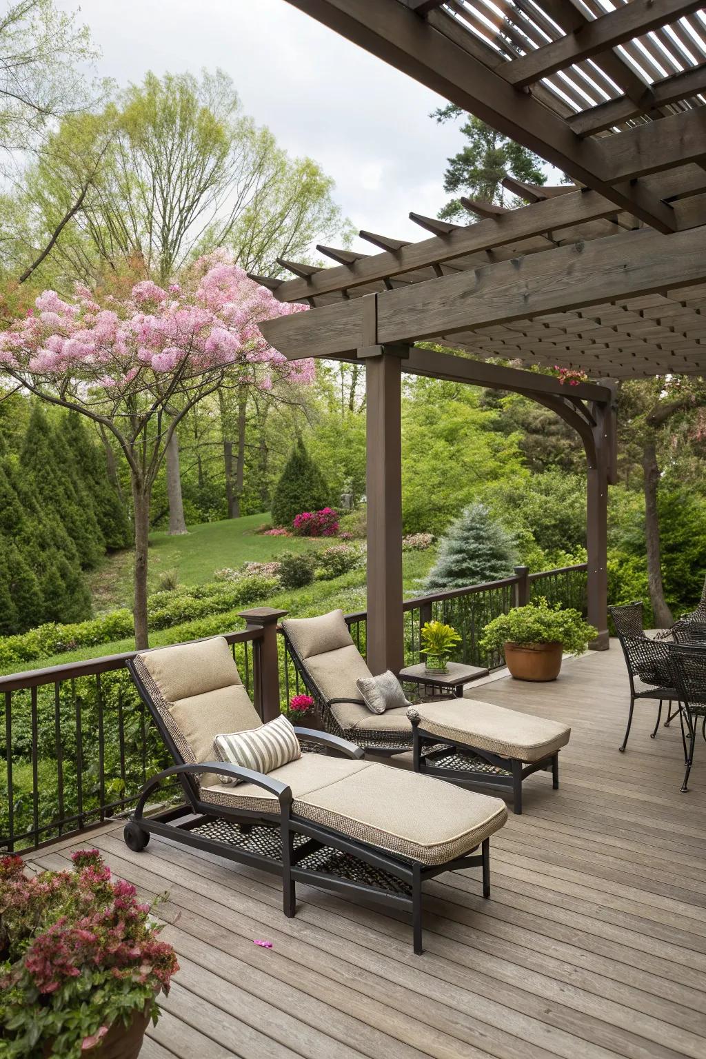 A serene lounging space beneath a pergola, the ultimate spot for unwinding.