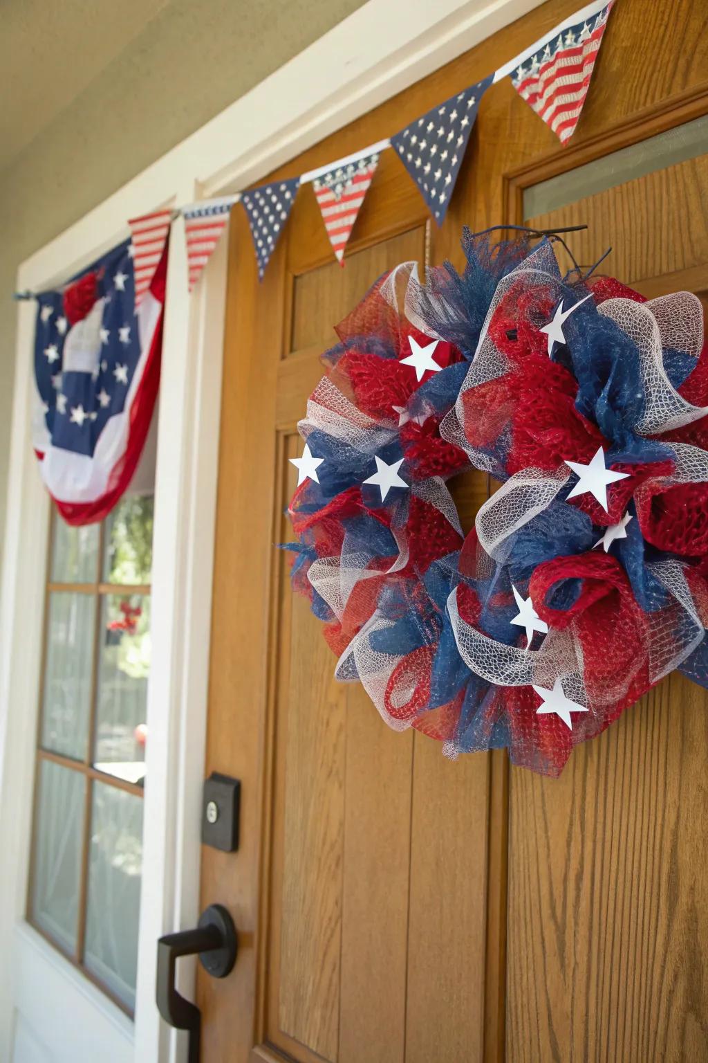 A patriotic deco mesh wreath that celebrates national pride.