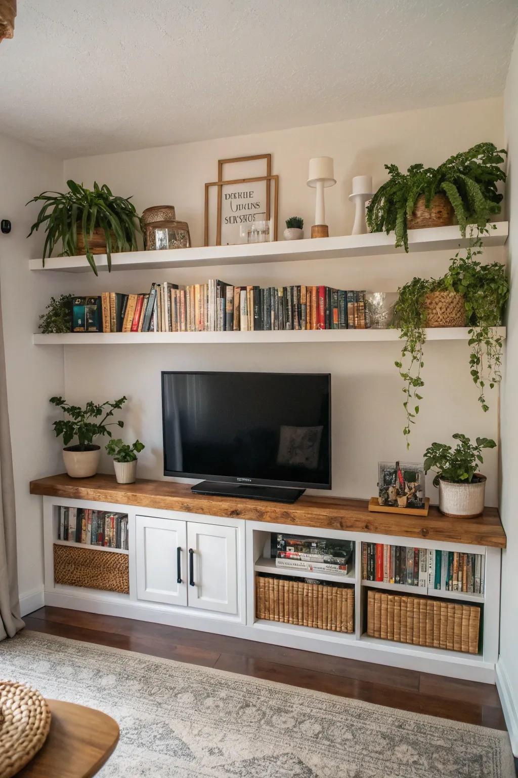 Floating ledges offer practical use and enhance the style of the TV area.