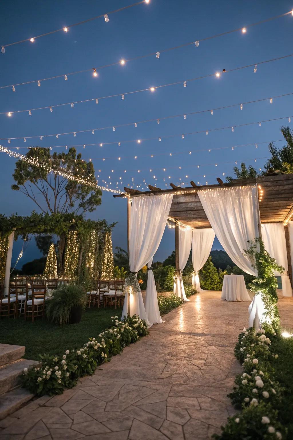 String lights casting a magical glow at an outdoor wedding.