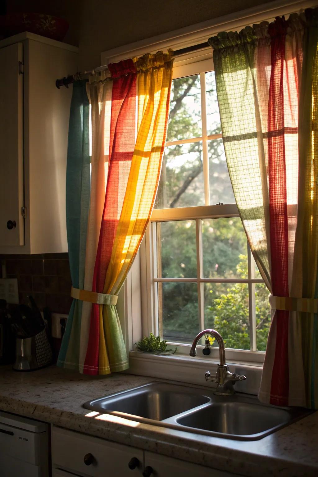 Elegant short curtains infuse vibrancy and warmth into the kitchen.