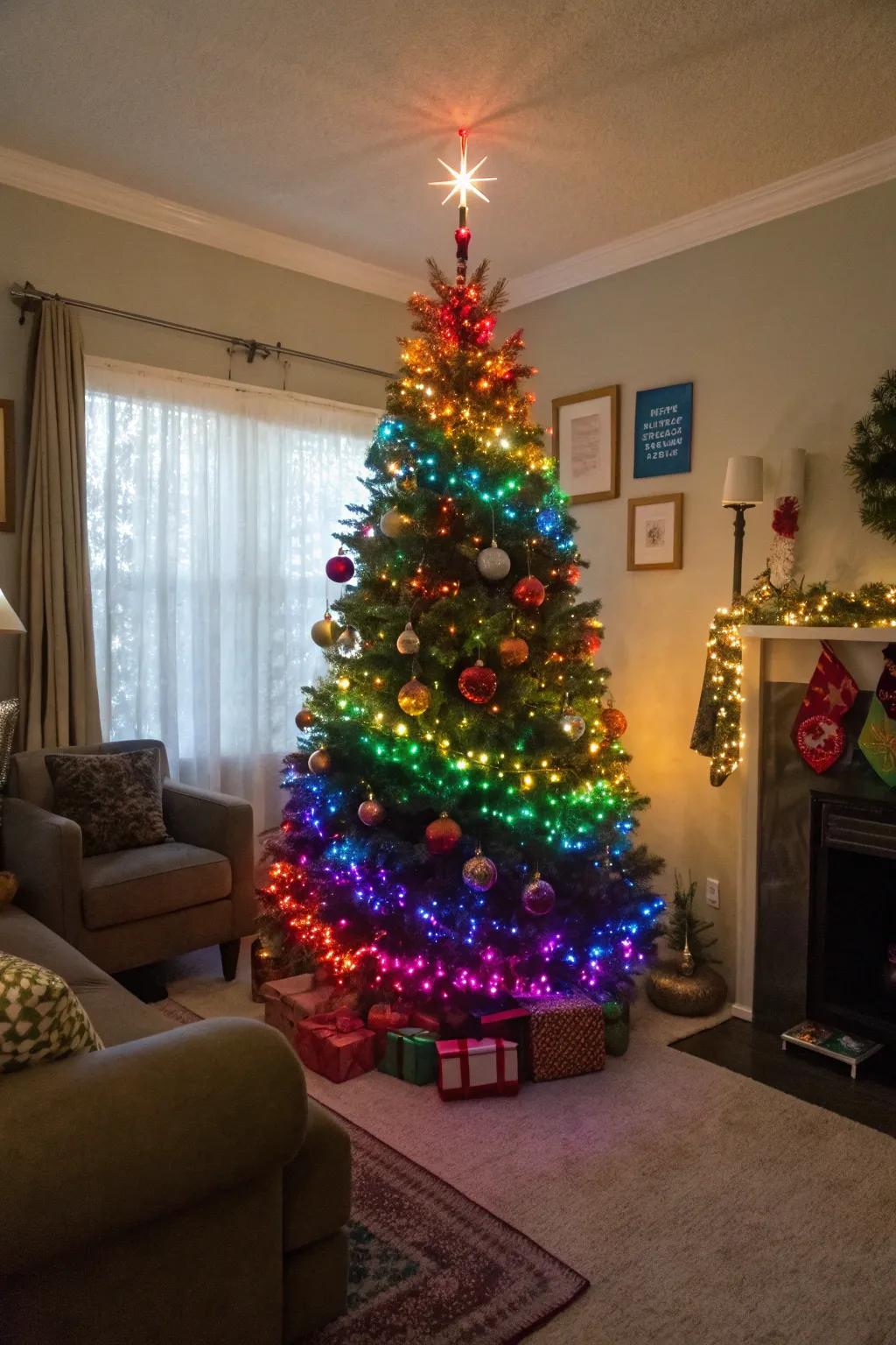 A rainbow-inspired Christmas tree with multicolored lights and complementing baubles.