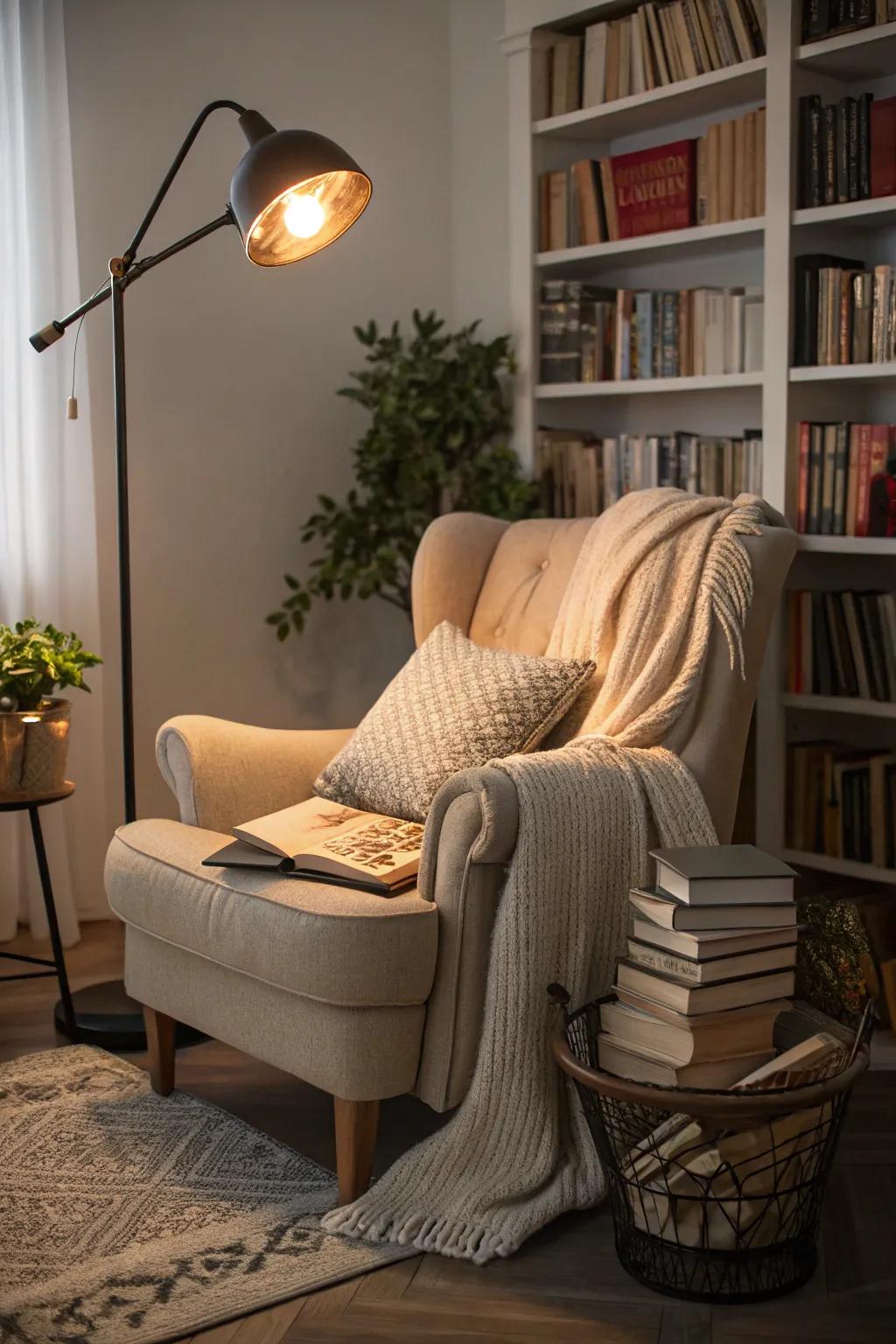 A cozy reading corner highlighted by a task lamp, ensuring optimal lighting.