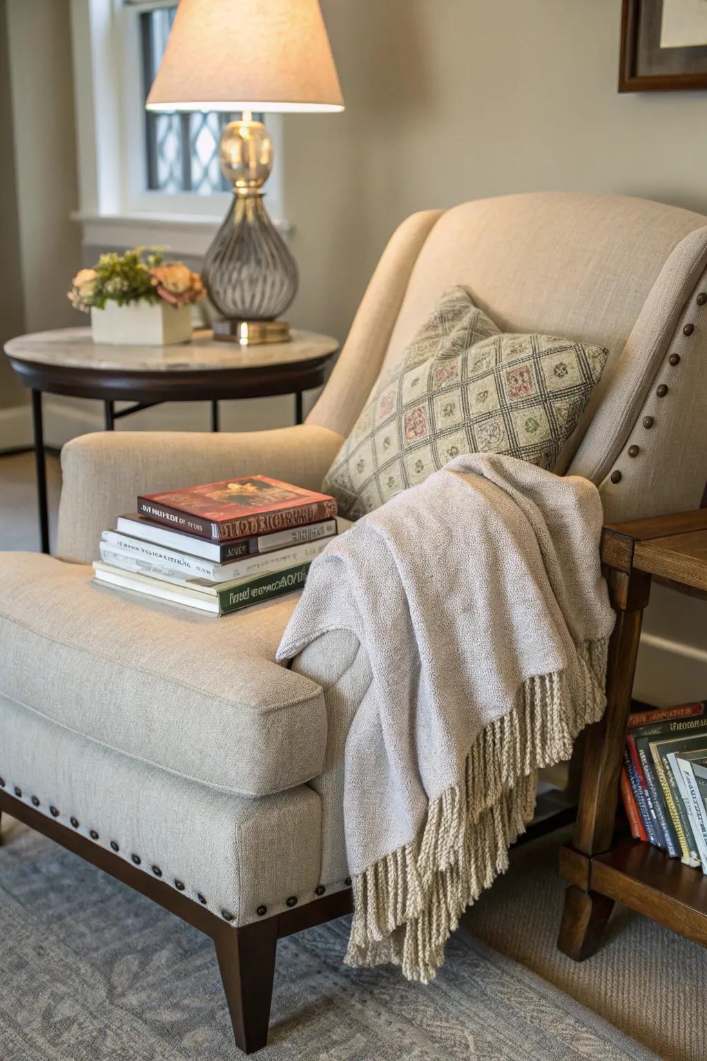 A snug reading area is ideal for unwinding and leisure.