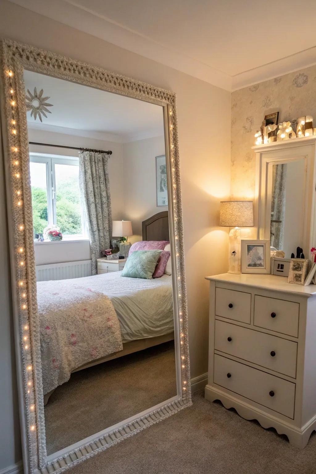 A decorative mirror enhances depth and luminosity in a small bedroom.