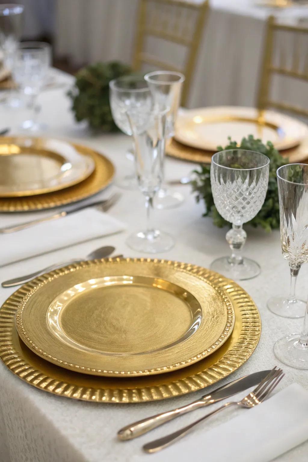 Gold presentation plates adding a luxurious touch to a formal table setting.