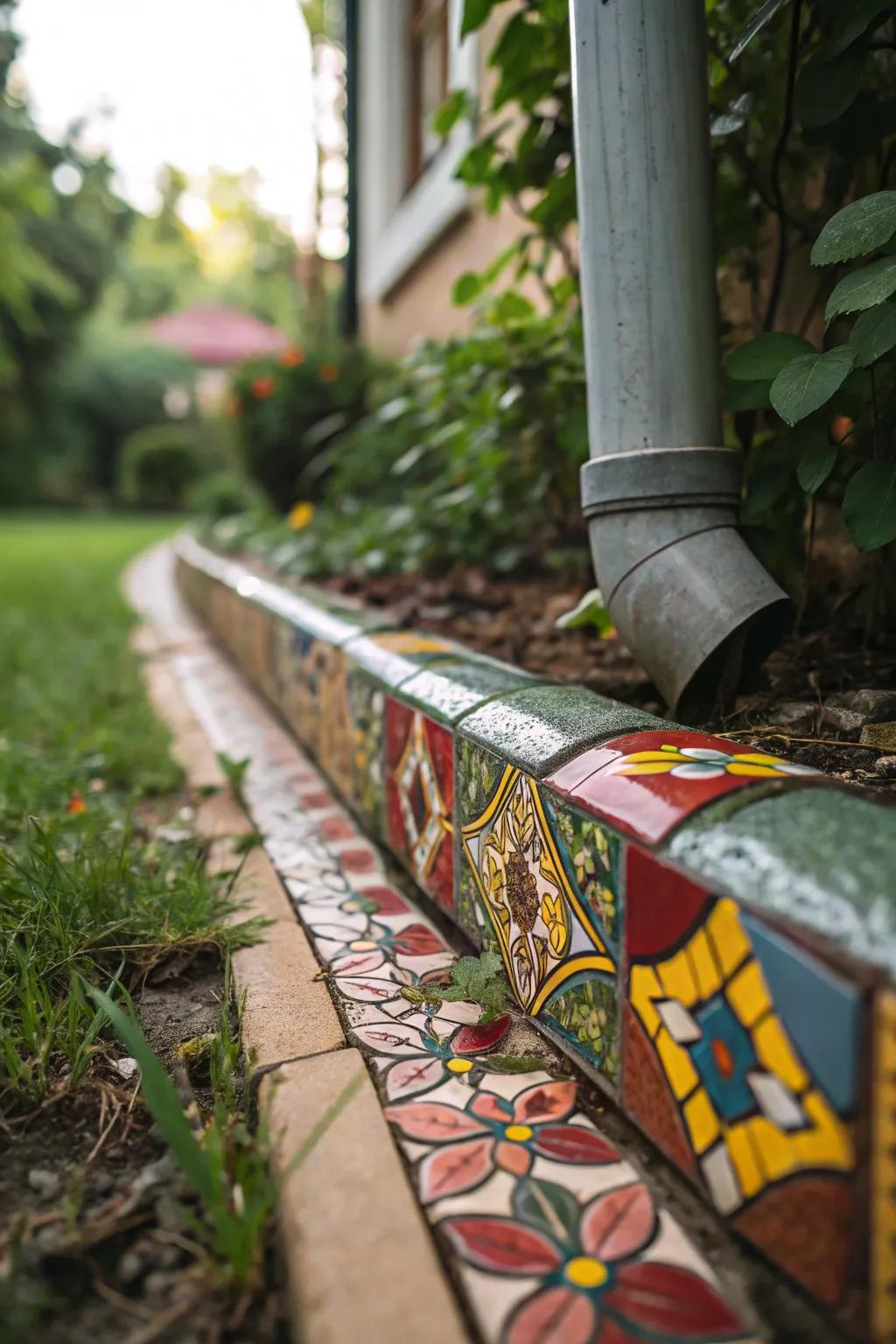 Mosaic tiles add a vibrant touch to your downspout area.