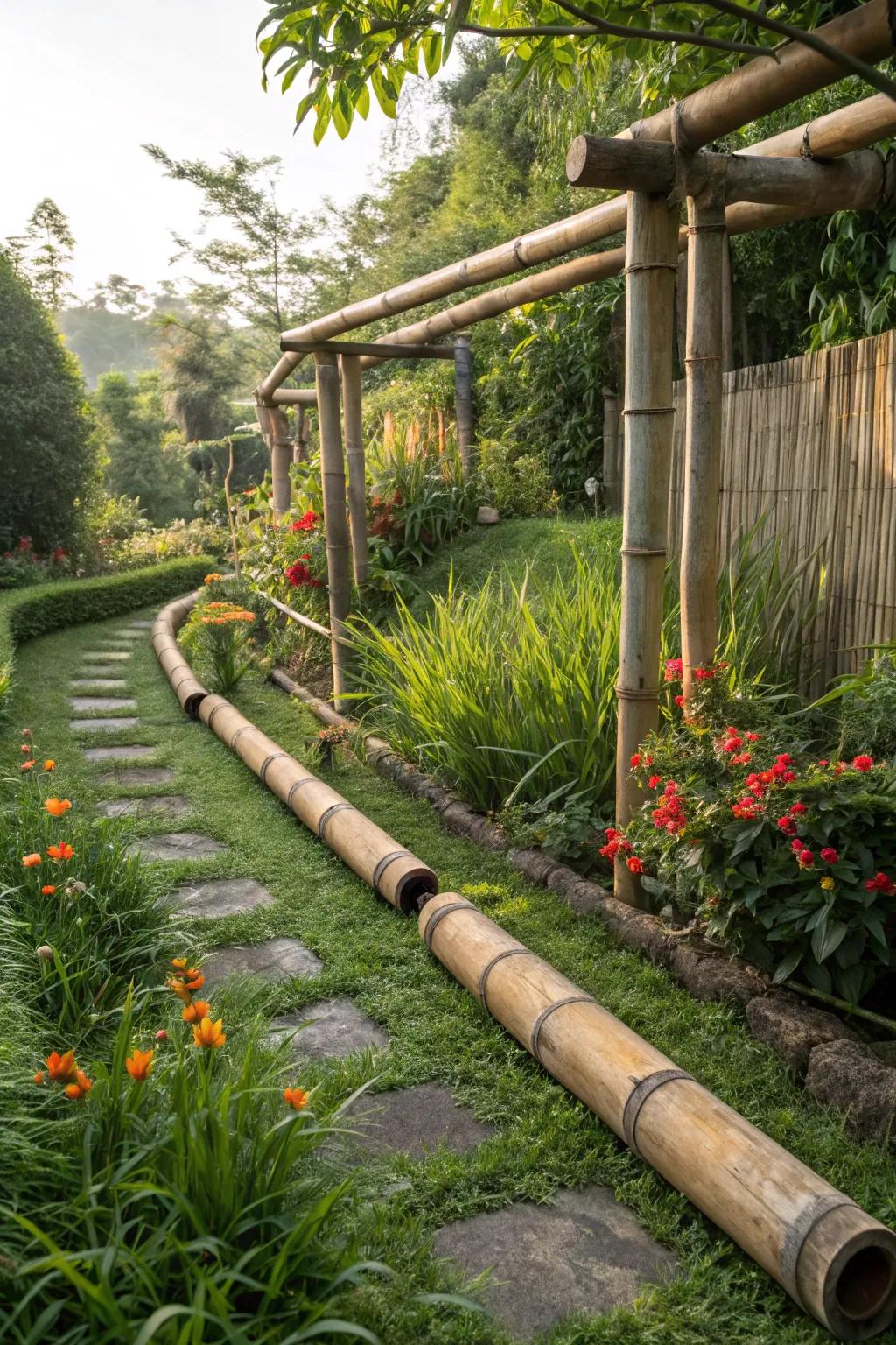 Rustic bamboo covers for garden pipes.