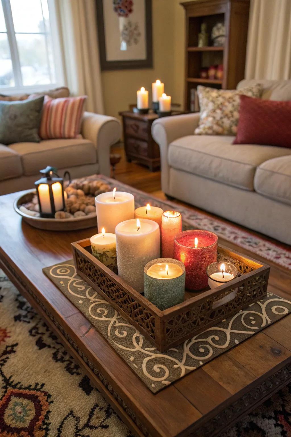 A cozy glow with a variety of candles.