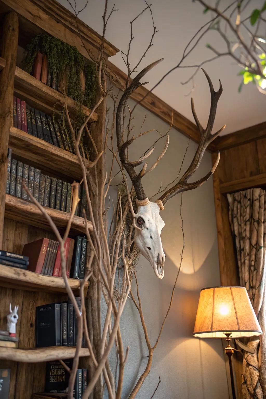 Branches offer a frame to this deer skull, imbuing a hint of woodland grace.
