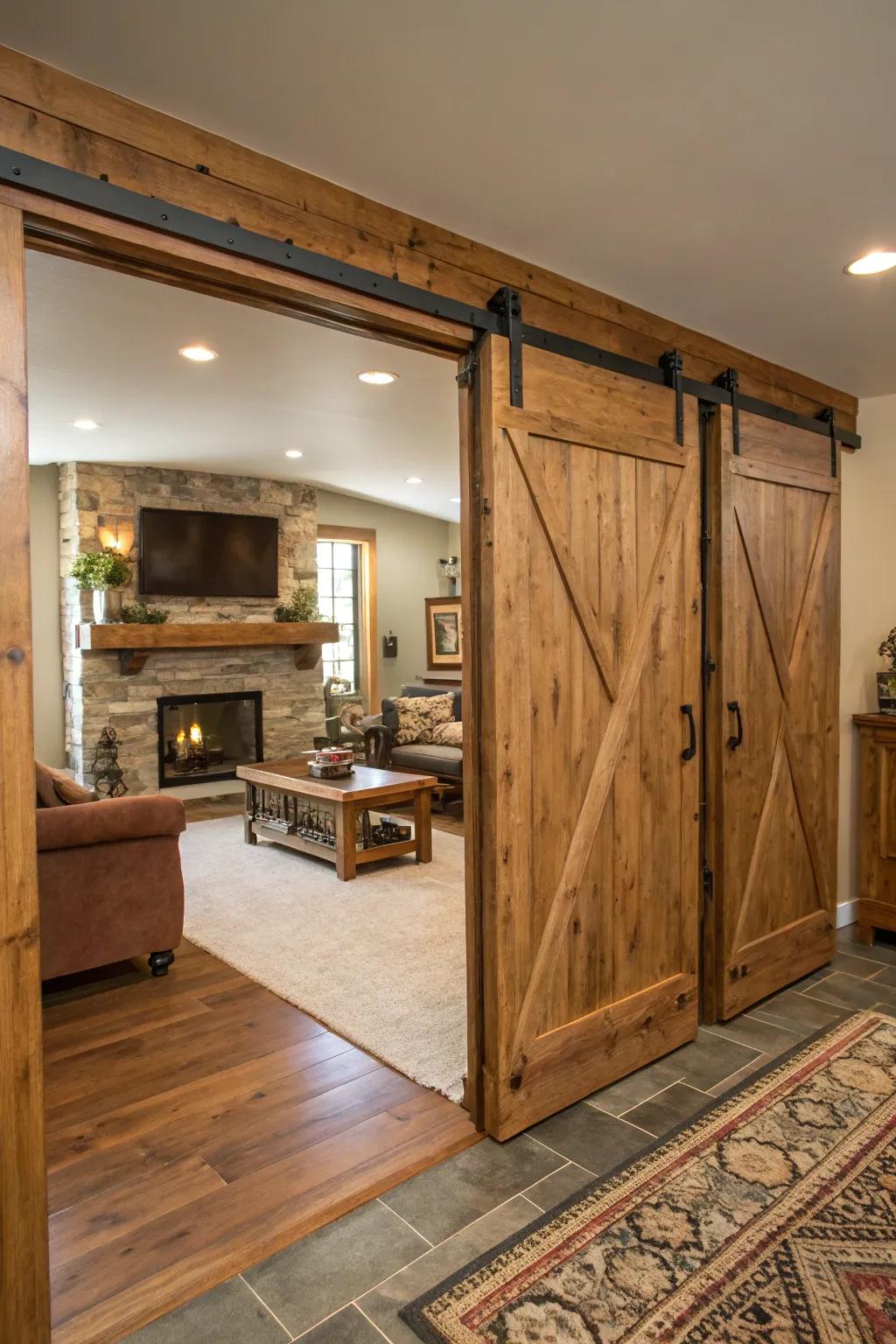 Barn doors offer both function and farmhouse style.