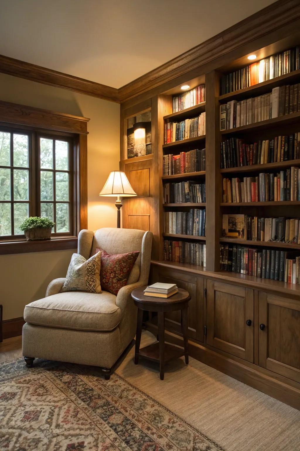 A snug den featuring a library wall and a reading corner.