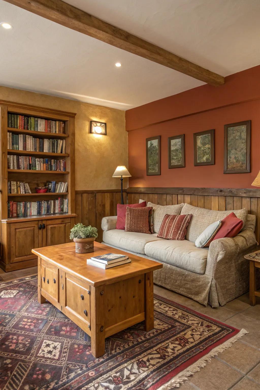 A snug space with a warm and inviting color scheme.