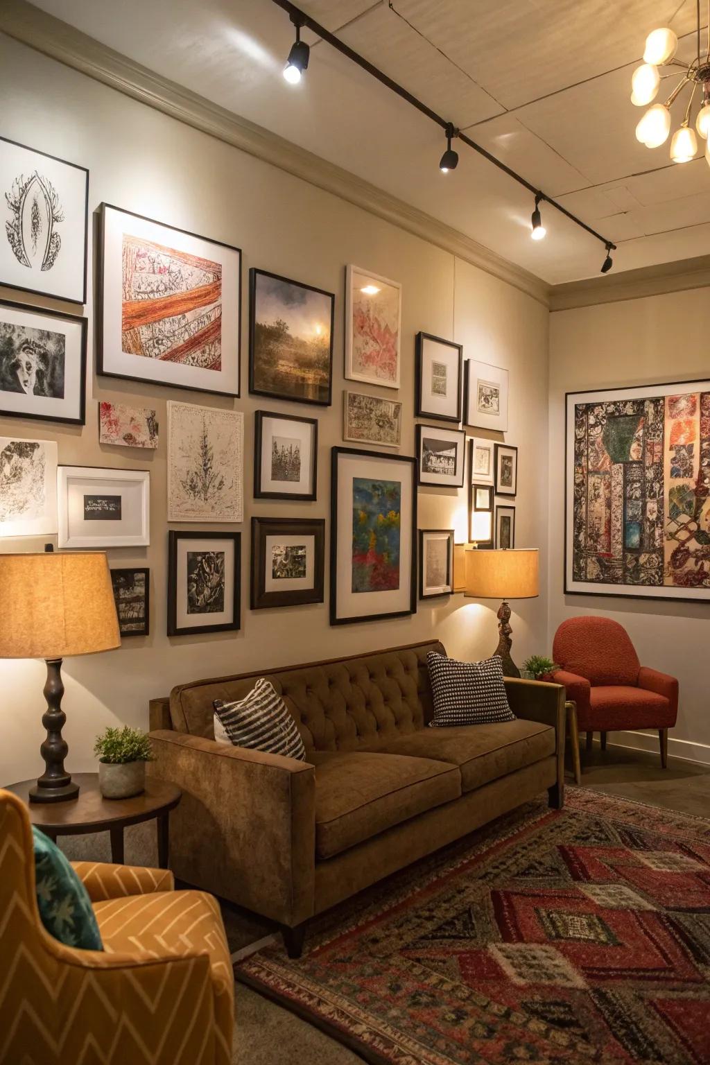 A relaxation room displaying a customized feature wall with a range of artworks.