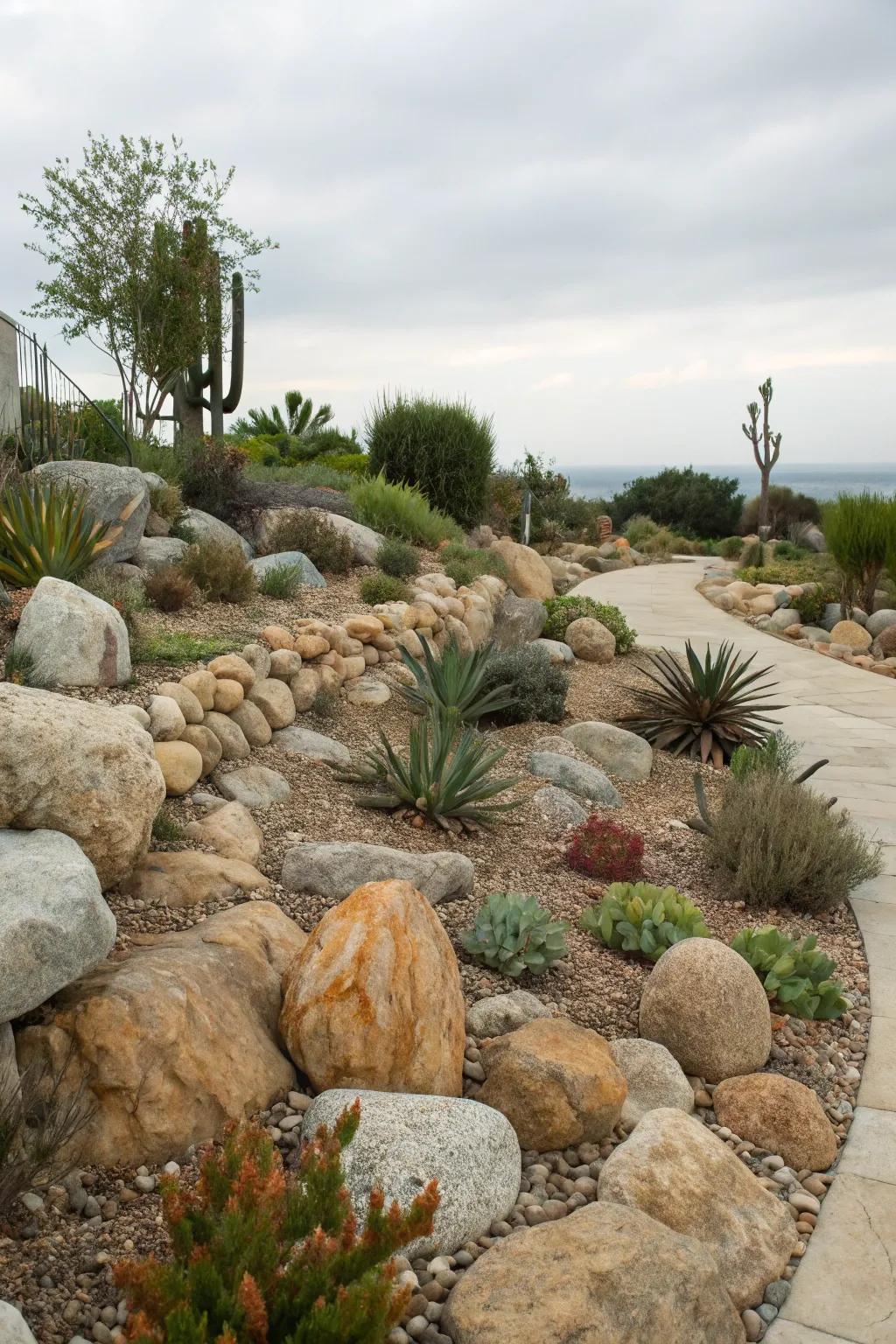 A skillfully designed stone garden that integrates smoothly with its desert backdrop.