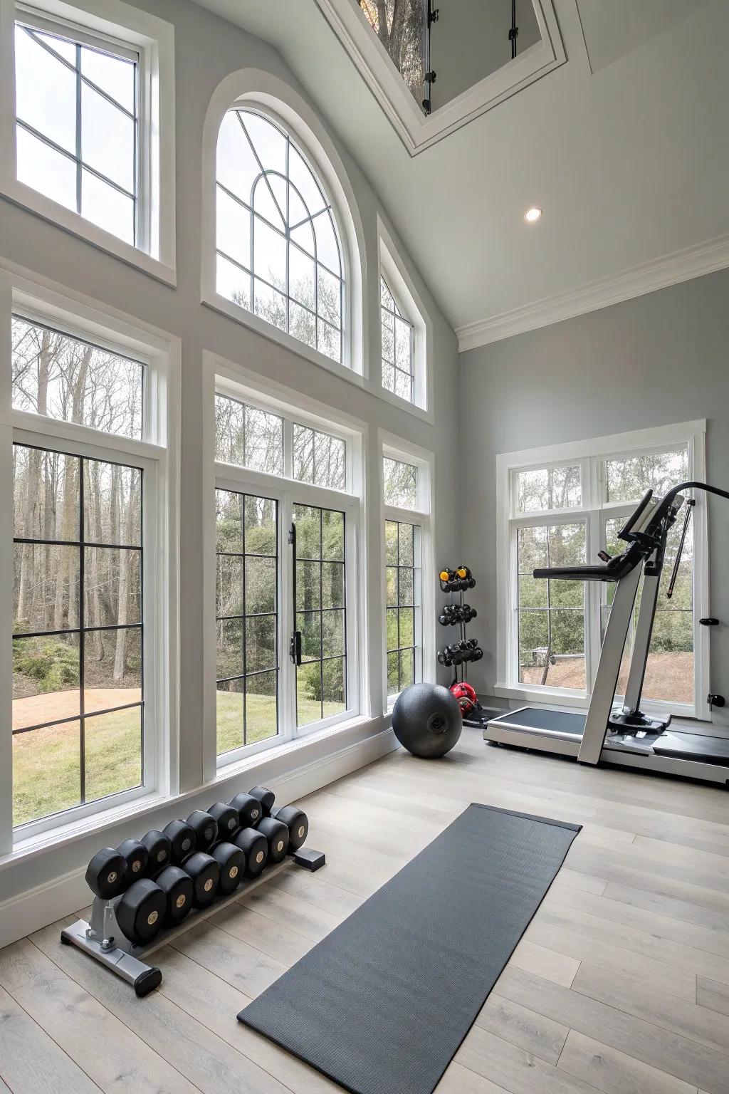 A contemporary fitness room showcasing crisp designs and natural light to encourage engaging exercises.