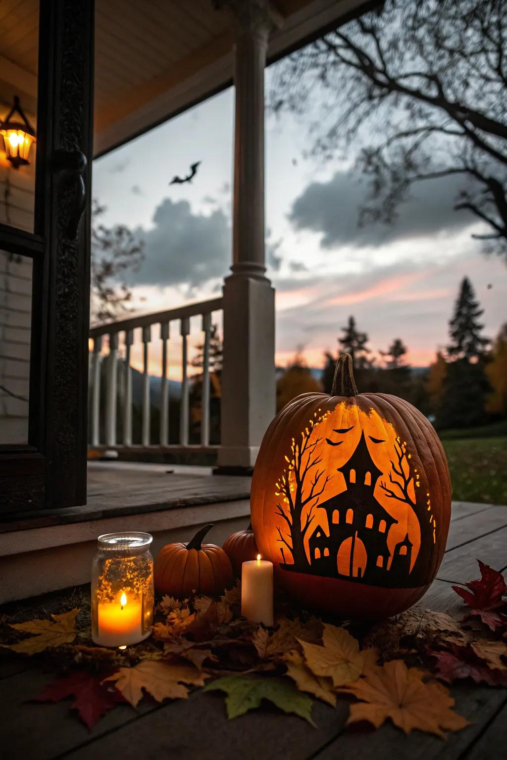 Eerie haunted house carving that fascinates and spooks.