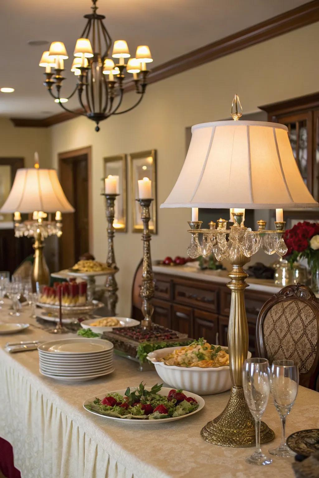 Stylish table lamps enhance the warmth and aesthetic of this buffet decor.