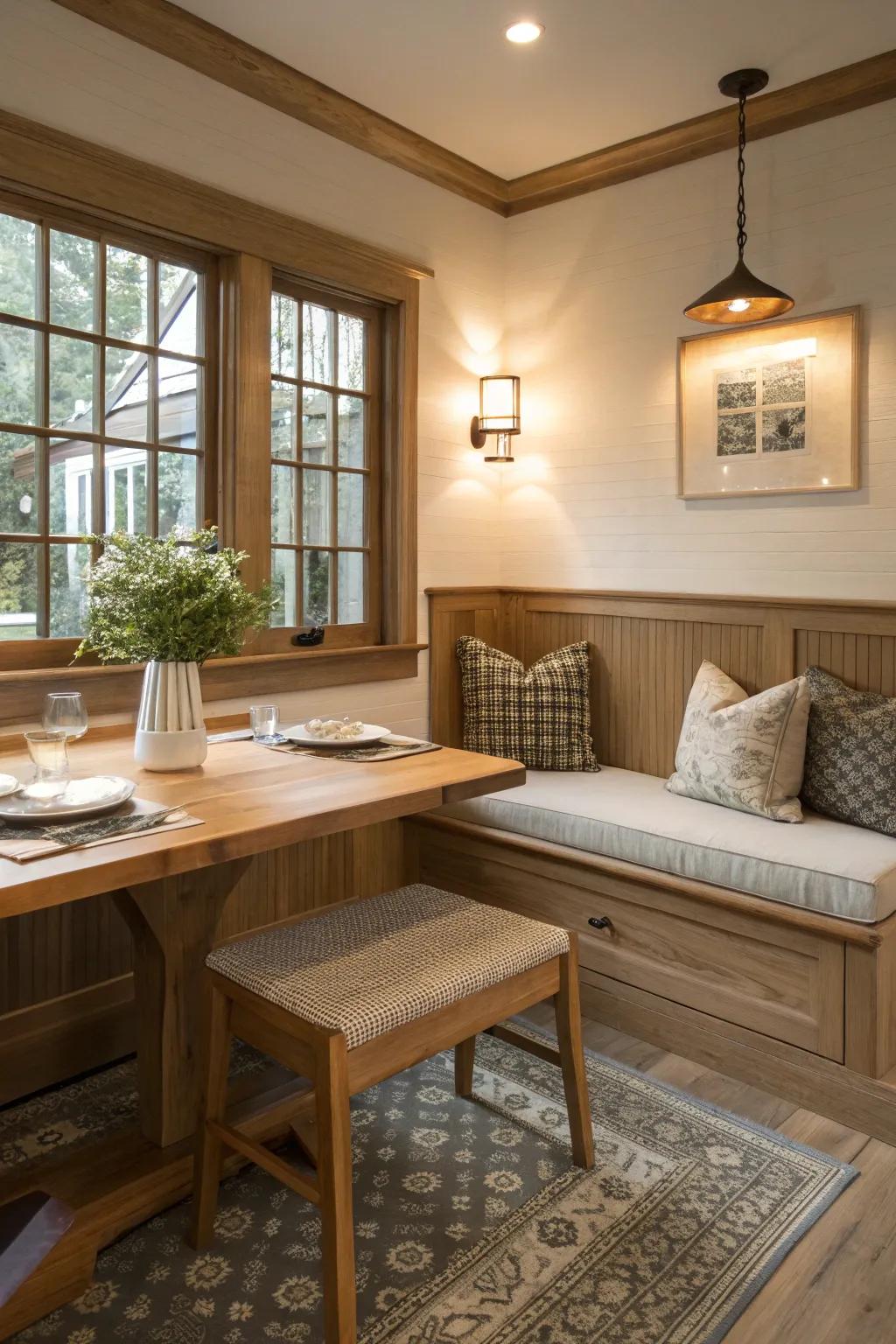 Integrated seating maximizes space and creates an inviting spot for dining.