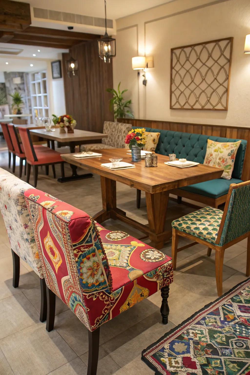 Diverse seating creates an inviting and lively dining atmosphere.