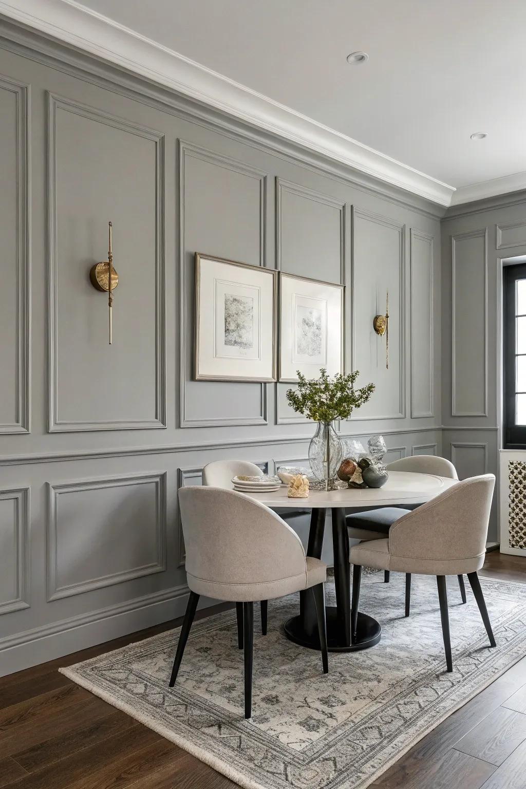 Gray wainscoting adds a touch of modern coziness to this dining space.
