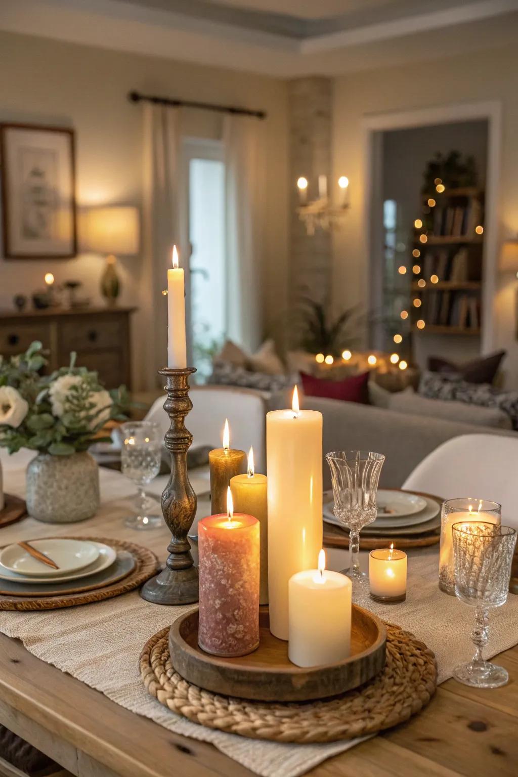 Candles of varying sizes craft a cozy dining setting.