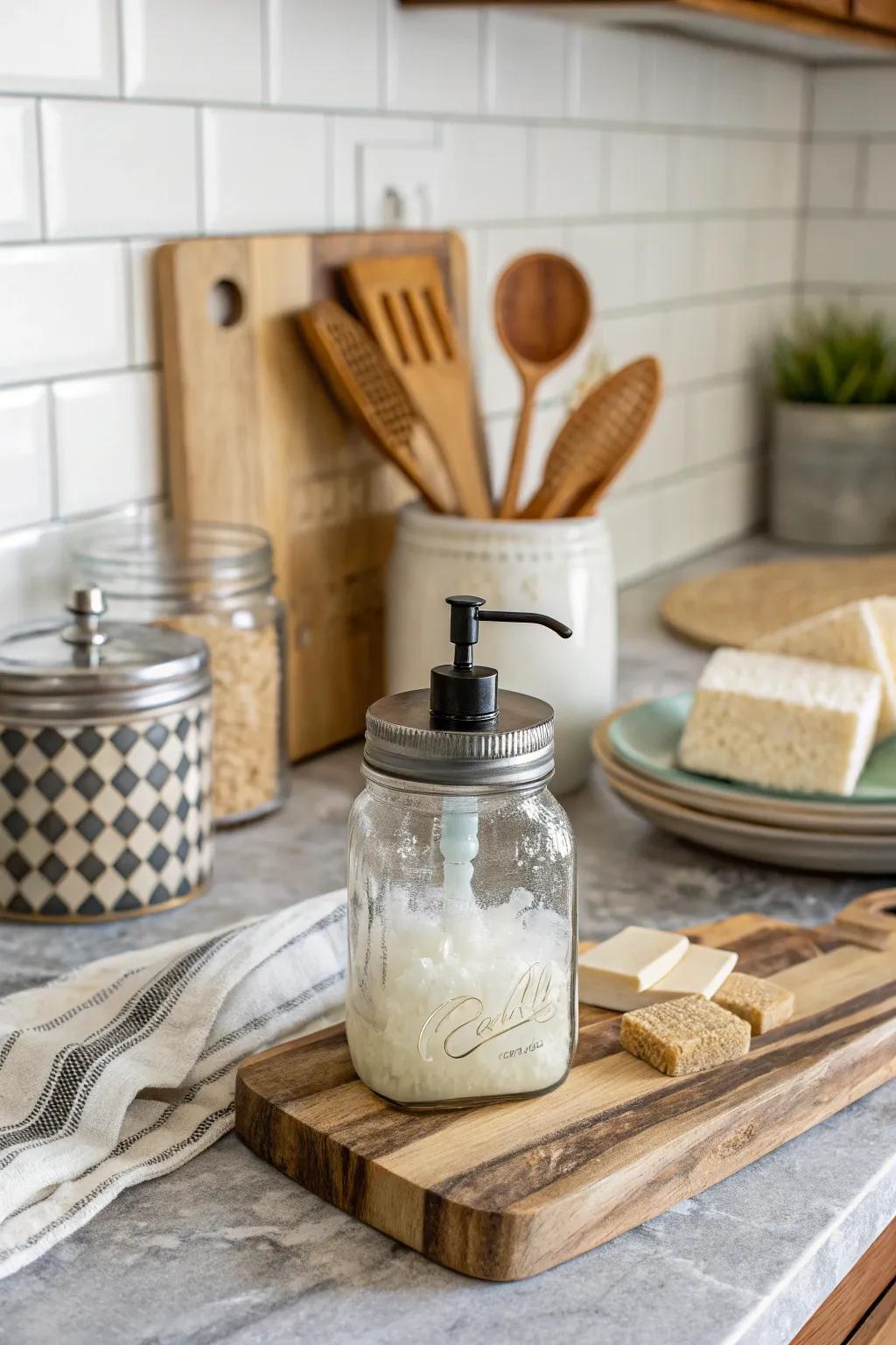 Rustic mason jars infuse a vintage vibe into any kitchen.